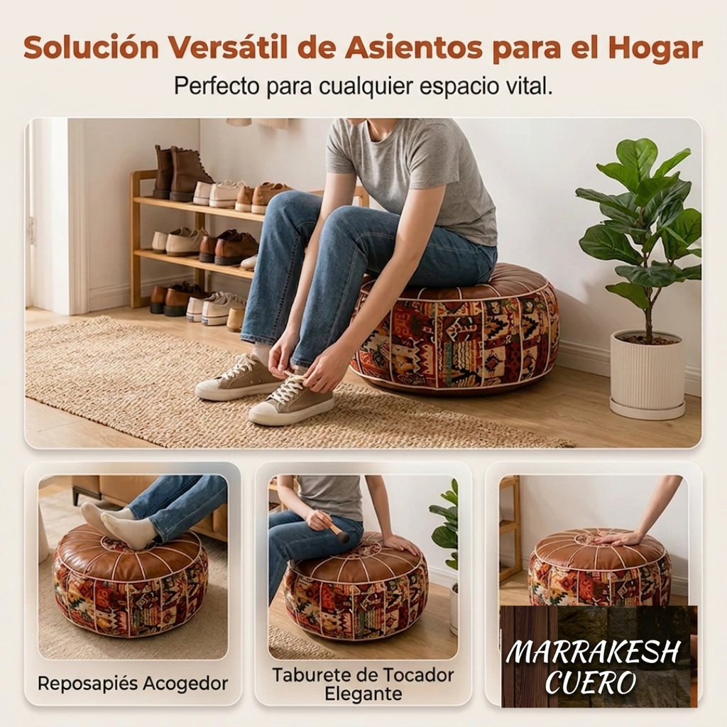Puf Marroquí de Cuero Artesanal - Reposapiés y Asiento Elegante