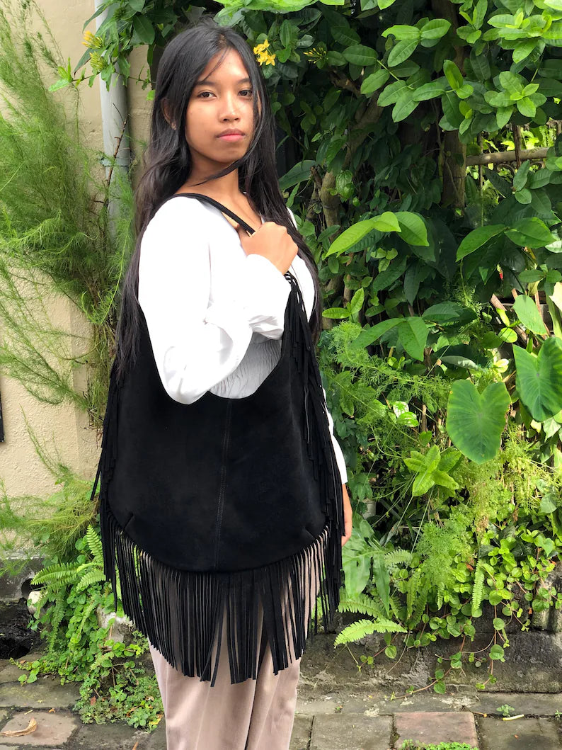 Marrakesh Artisanal Suede Fringe Hobo Bag